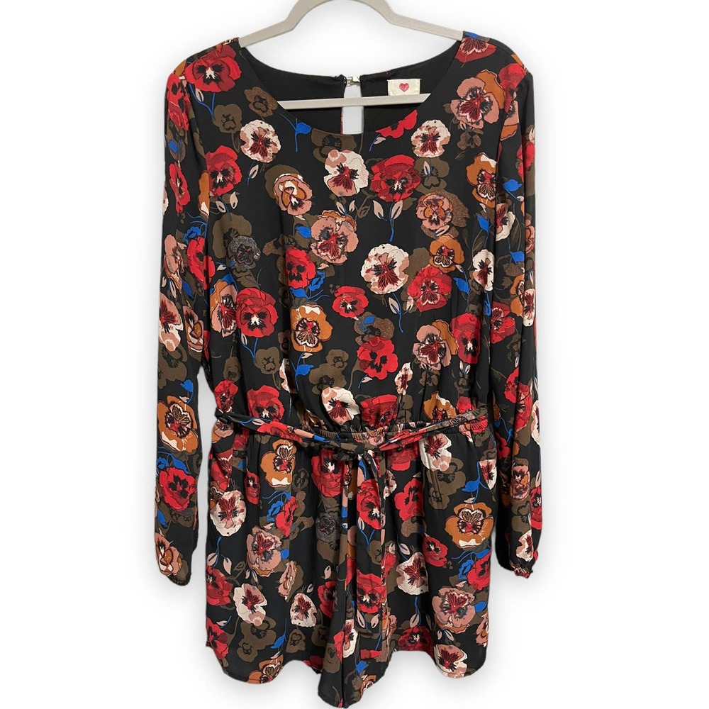 One Clothing Romper Size XL Black Multi-color Floral long sleeve belted